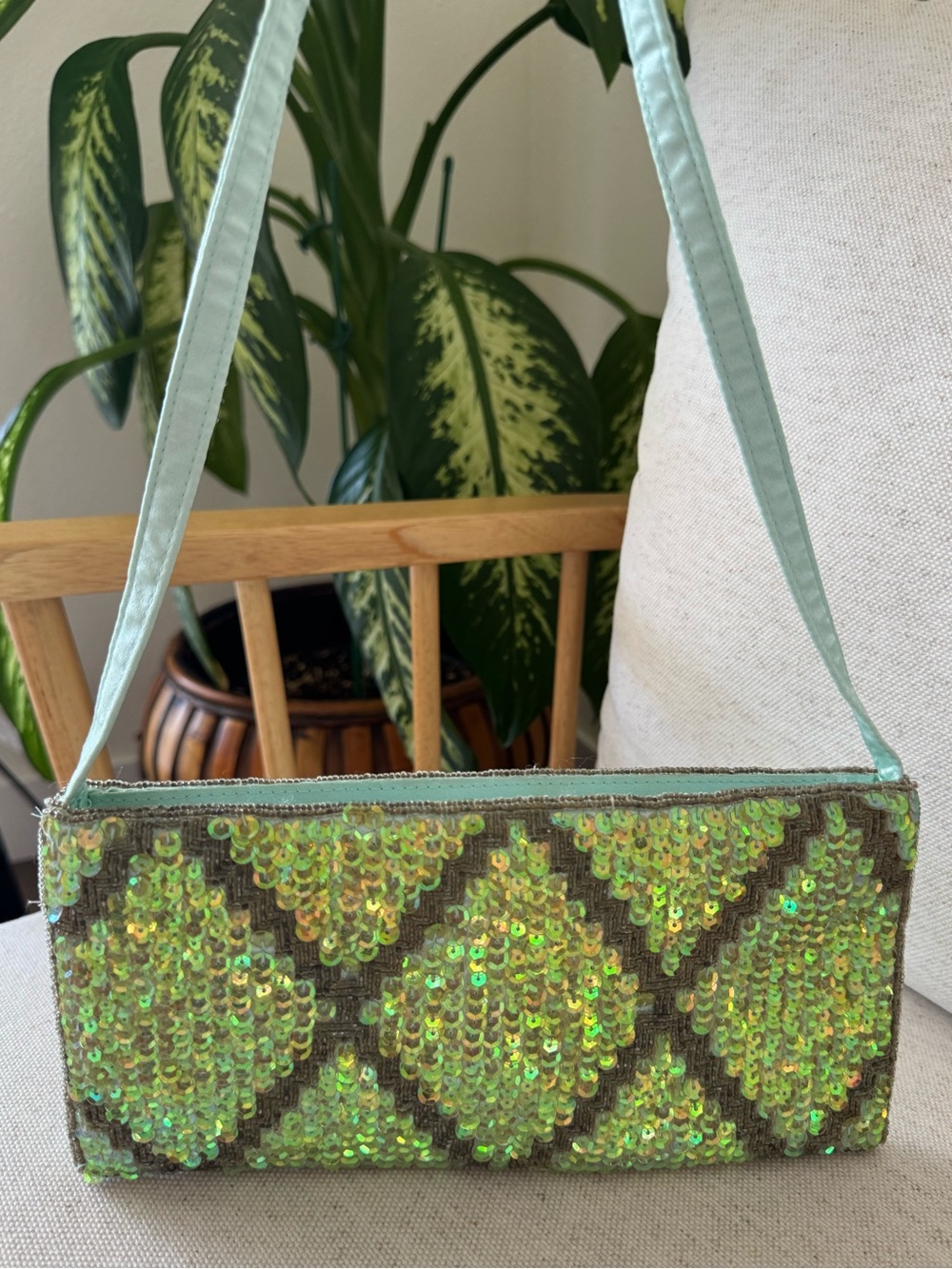 Vintage Green Beaded Sequin Evening Shoulder Handbag Sparkling Purse Bag